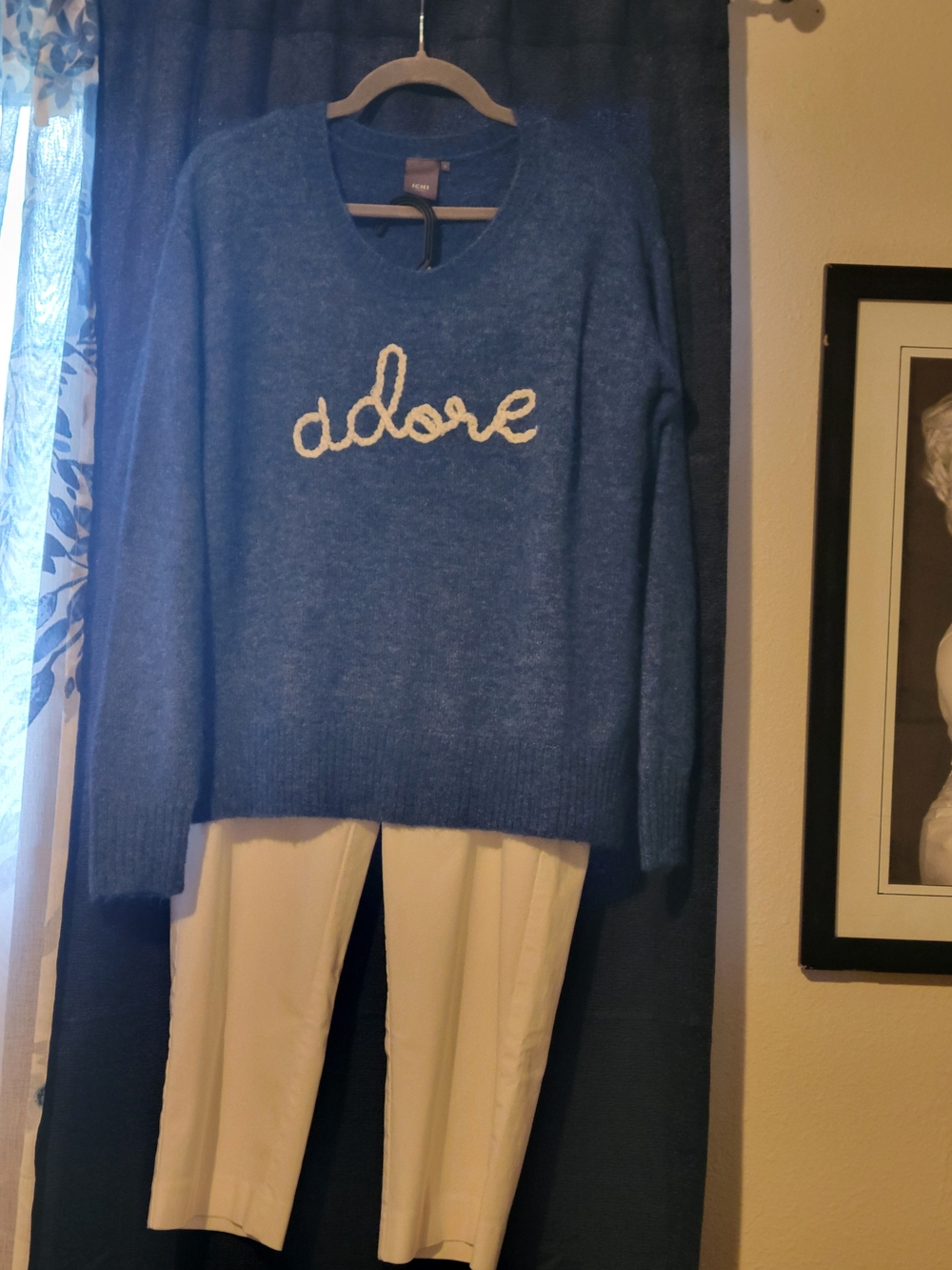 ICHI Alpaca Adore Script Blue Women's Sweater Sz L